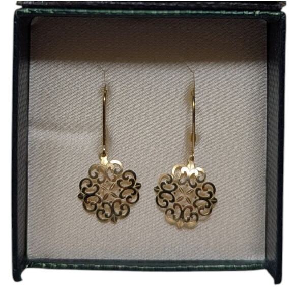 JCM 14K Yellow Gold Filigree Dangle Earrings Elegant Scrollwork Design - Picture 1 of 2